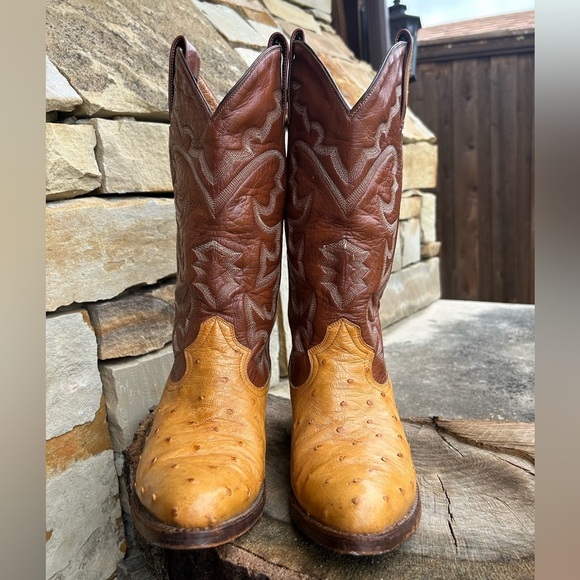 Montana Exotic Ostrich Tan & Brown Heeled Boots with Western Stitching Sz-7.5. P - Picture 3 of 9